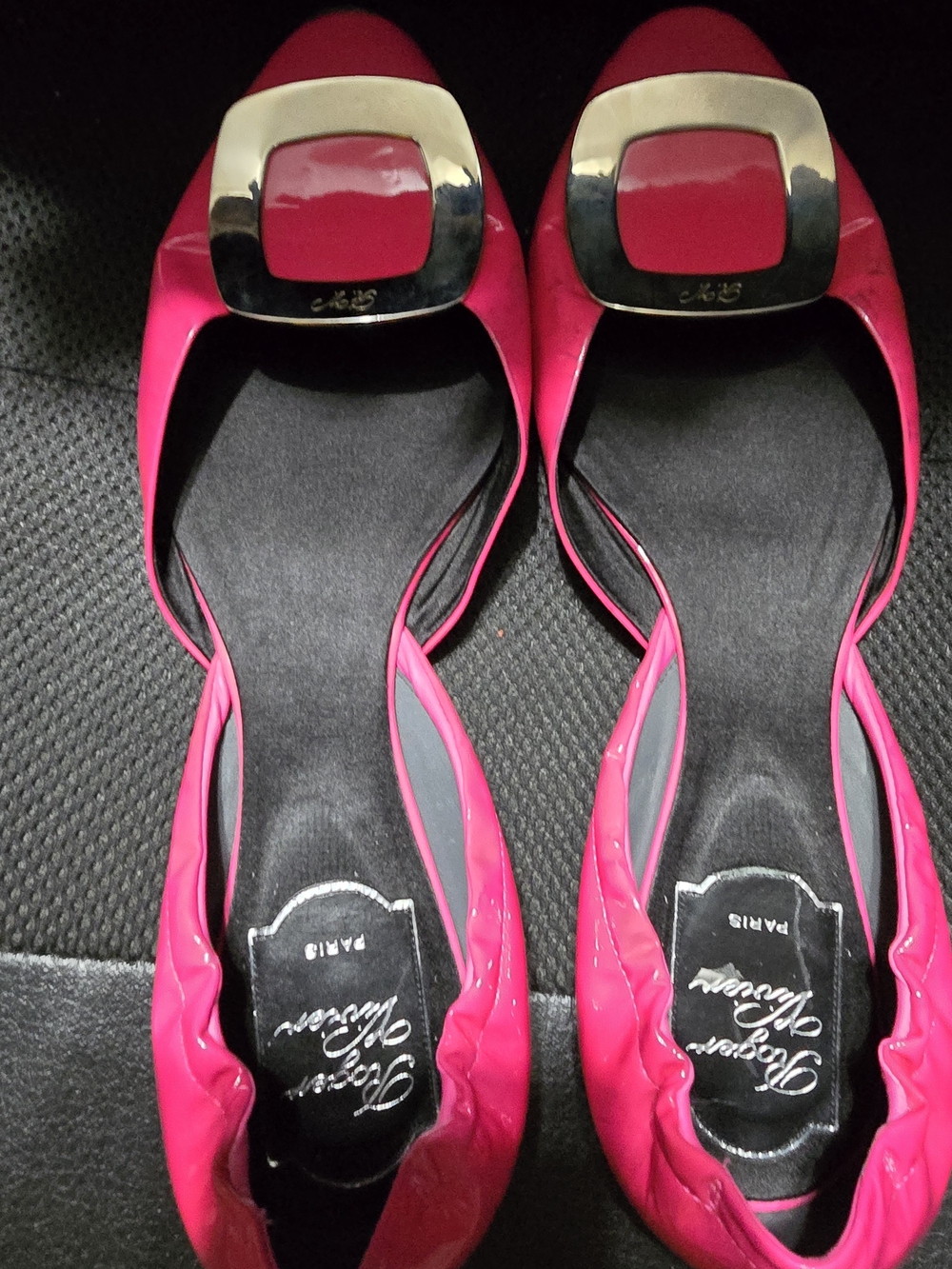 Roger Vivier Pink Patent Leather Ballerina Flats with Gold Buckle